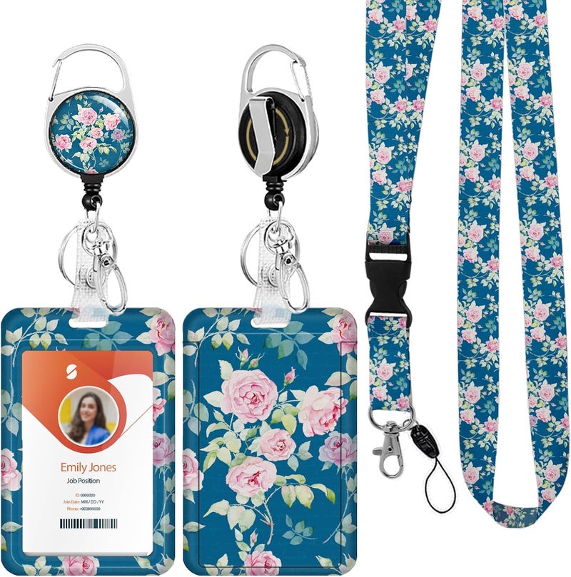 Boutilon ID Badge Holder with Lanyard,Retractable ID Badge Card Holders Detachable Neck Lanyard Strap with Badge Reel and Vertical ID Holder for Nurse Students Teachers Office Staff(Flower 1) - Image 1